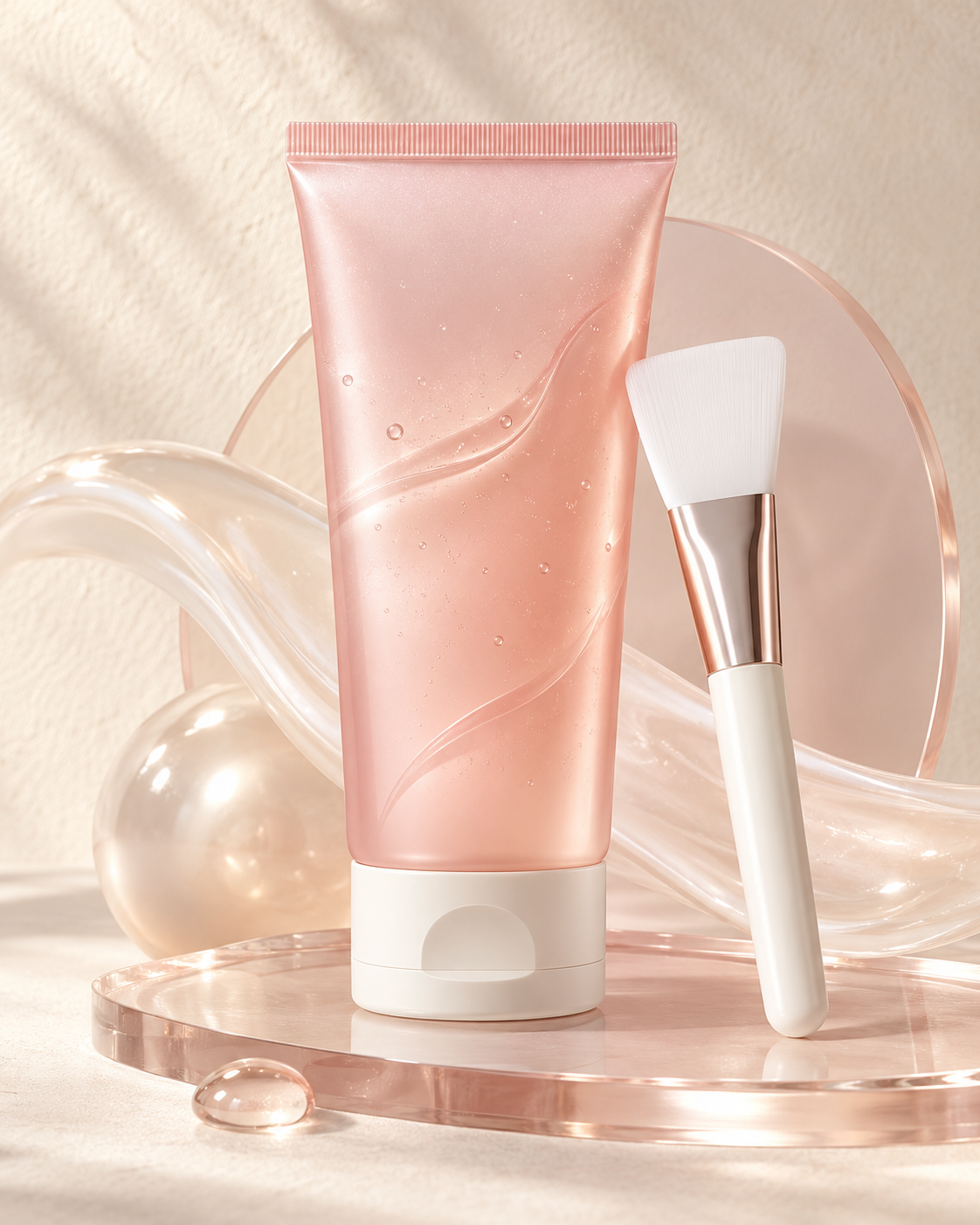 K-Mary Collagen Veil Mask and brush on a pearl-toned studio set